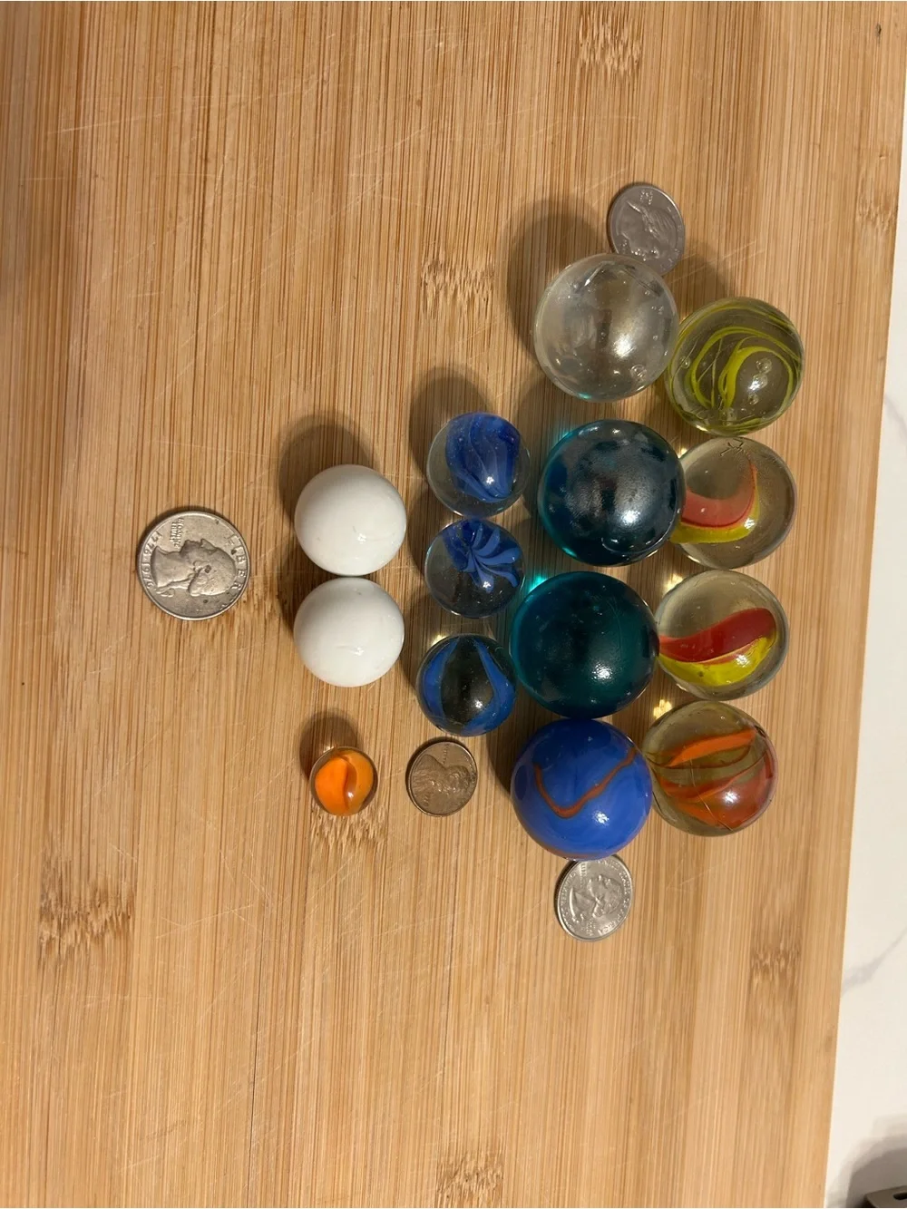 Assorted Glass Marbles Set - Blue, White, Clear, Orange, Yellow, Green